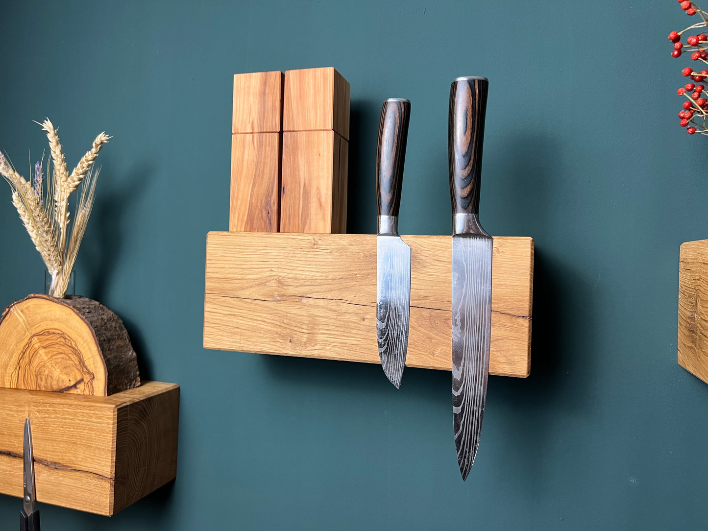 Magnetischer massiver Eichenbalken für Schlüssel oder vier Messer, Wandmontage, Messerhalter, Messerblock oder Schlüsselbrett