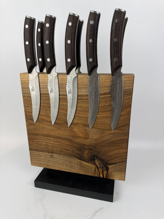 Magnetischer Messerblock aus Nussbaum mit Schiefersockel