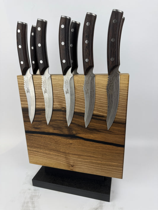 Magnetischer Messerblock aus Nussbaum mit Schiefersockel
